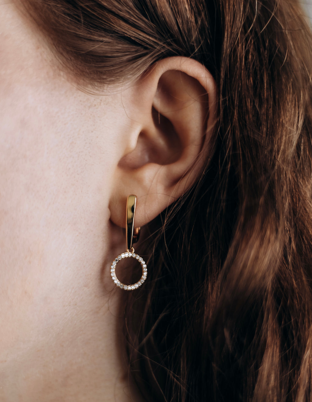 Hoop Drop Earrings with CZ Circle Pendant, Gold or Rhodium Plated, English Lock
