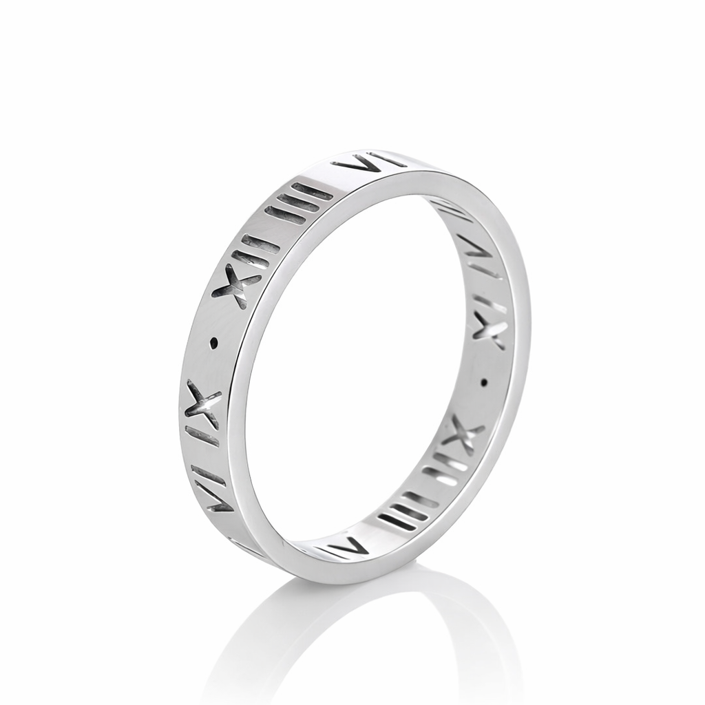 Wholesale Stainless Steel Roman Numeral Ring – Silver Color, Sizes 7-11