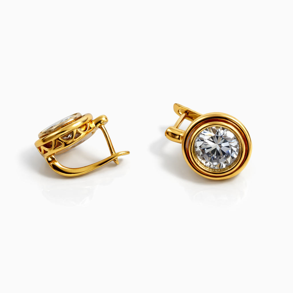 Gold Plated Round CZ Earrings — English Lock