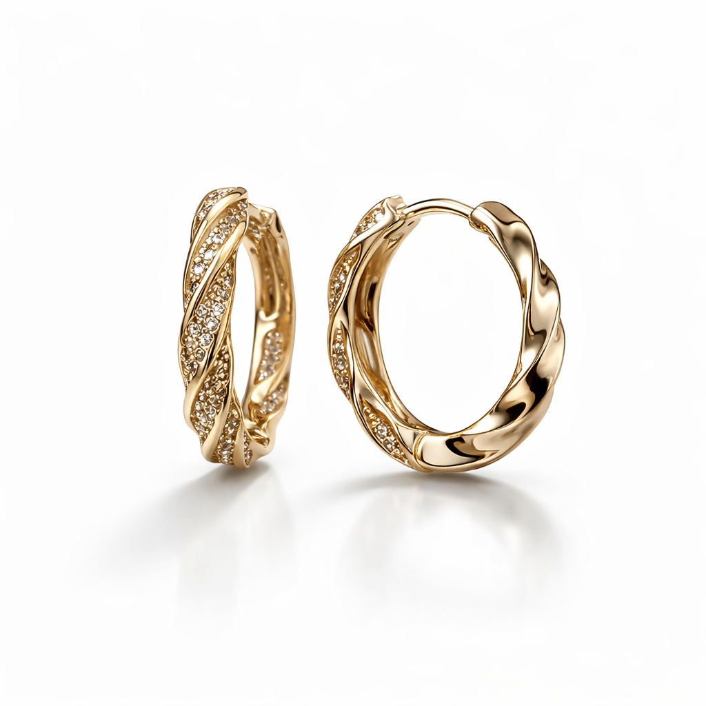 Twisted Huggie Hoop Earrings with CZ, 18K Gold Plated 1.8 cm