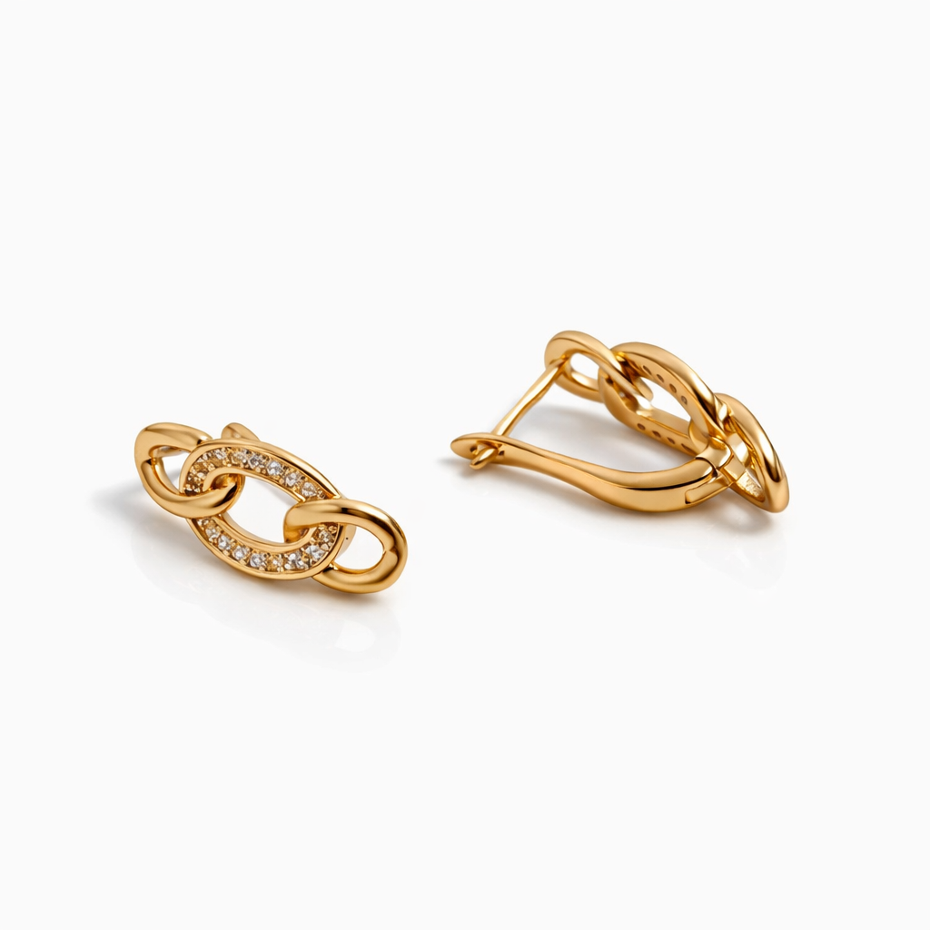 Gold Plated Chain Link CZ Earrings — English Lock