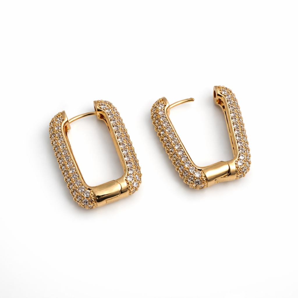 Rectangular CZ Gold Plated Hoop Earrings 2.8 cm