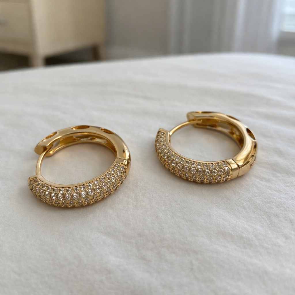 Gold Plated Pavé CZ Hoop Earrings — 2 cm