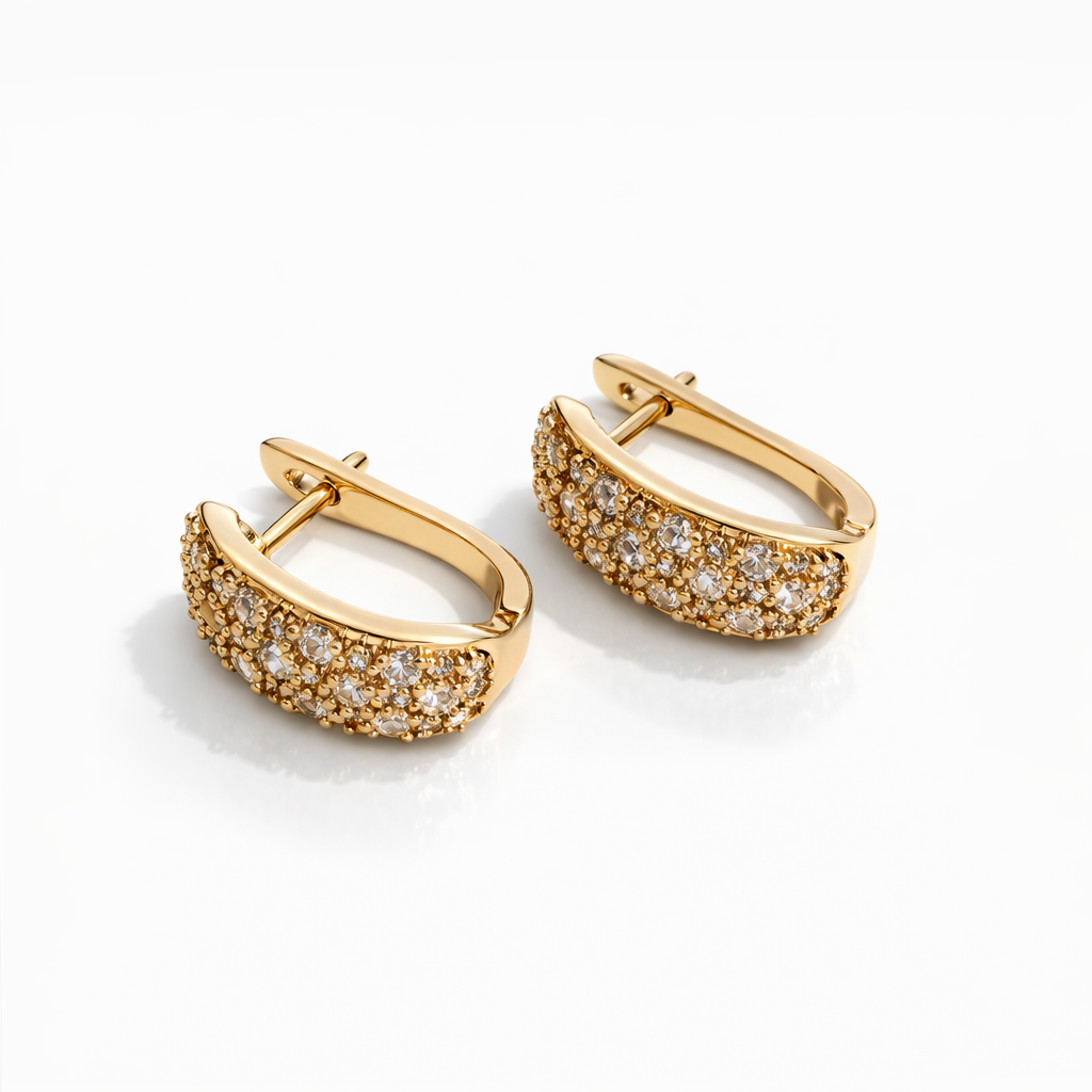 Gold Plated Pavé CZ Earrings — English Lock 1.7 cm