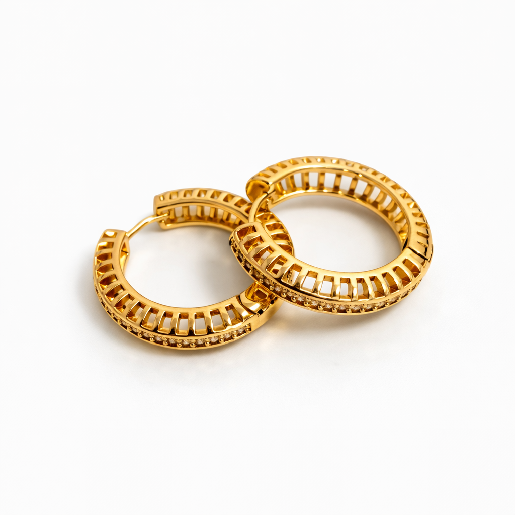 18K Gold Plated CZ Openwork Hoop Earrings