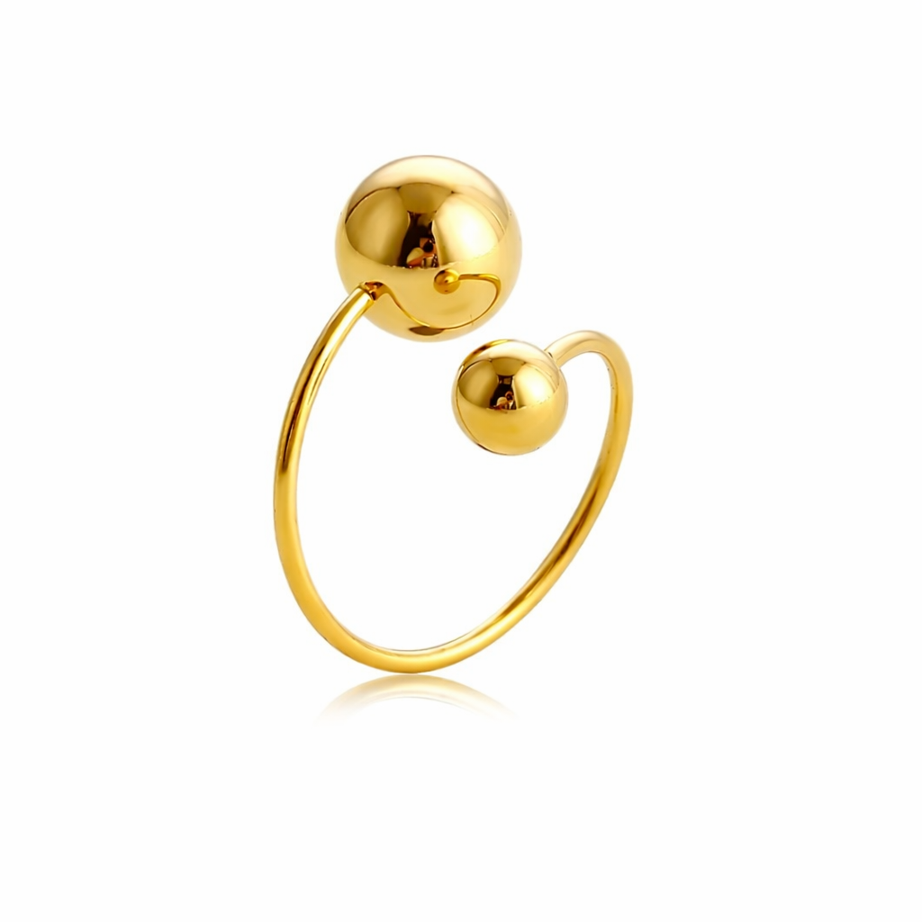 Wholesale Stainless Steel Double Ball Ring – Gold Color, Adjustable Open Ring