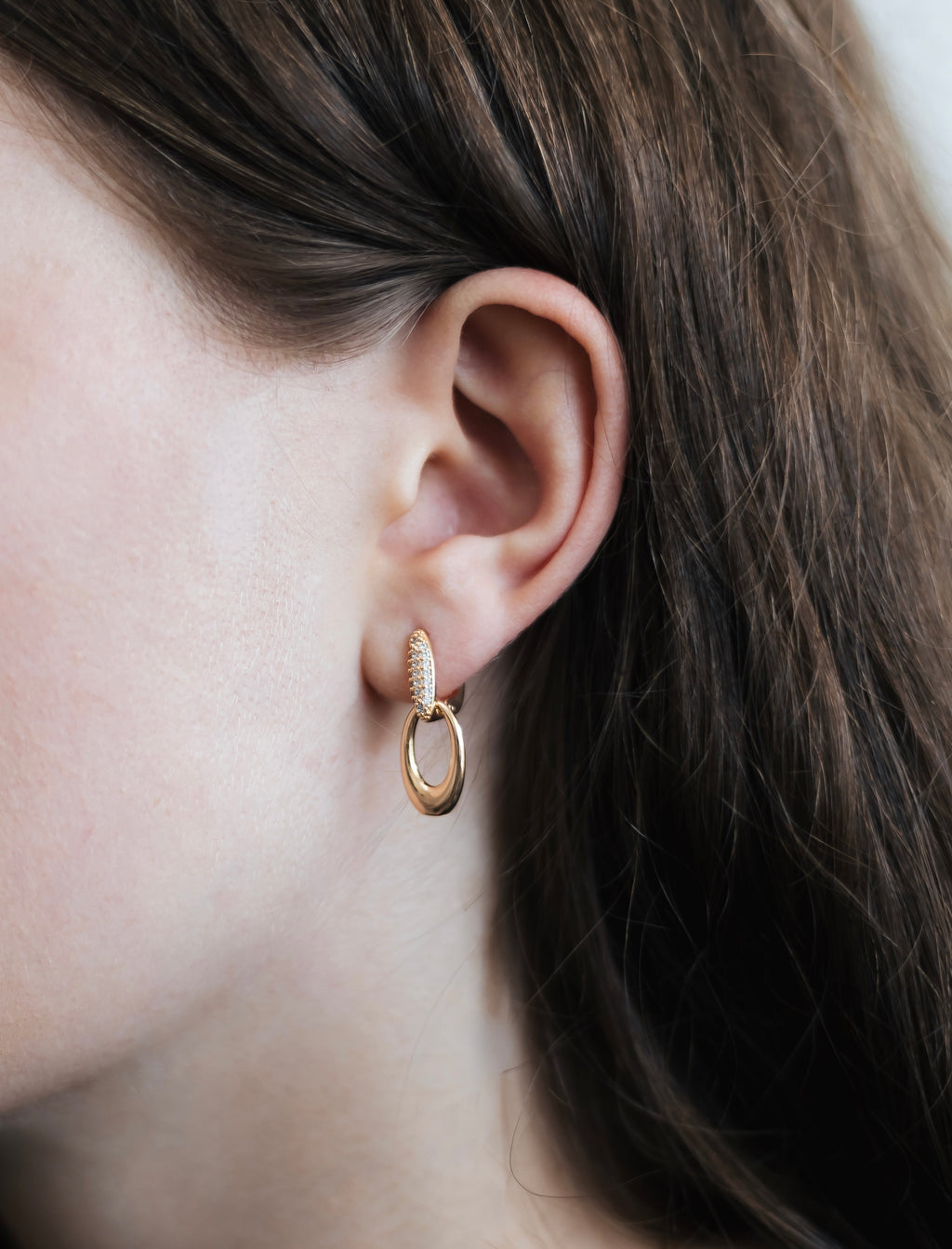 Gold Plated CZ Double Oval Drop Earrings — English Lock
