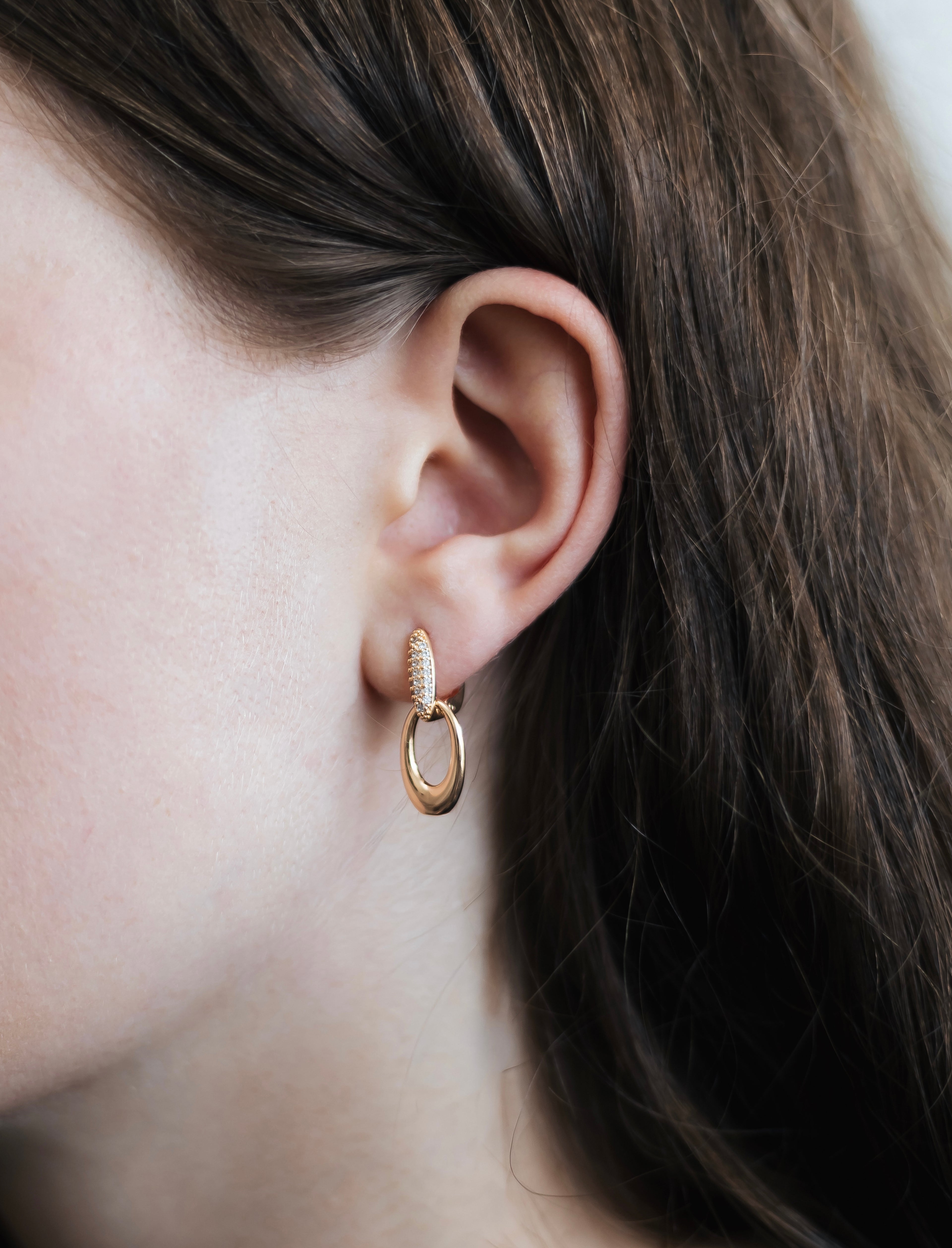 Gold Plated CZ Double Oval Drop Earrings — English Lock