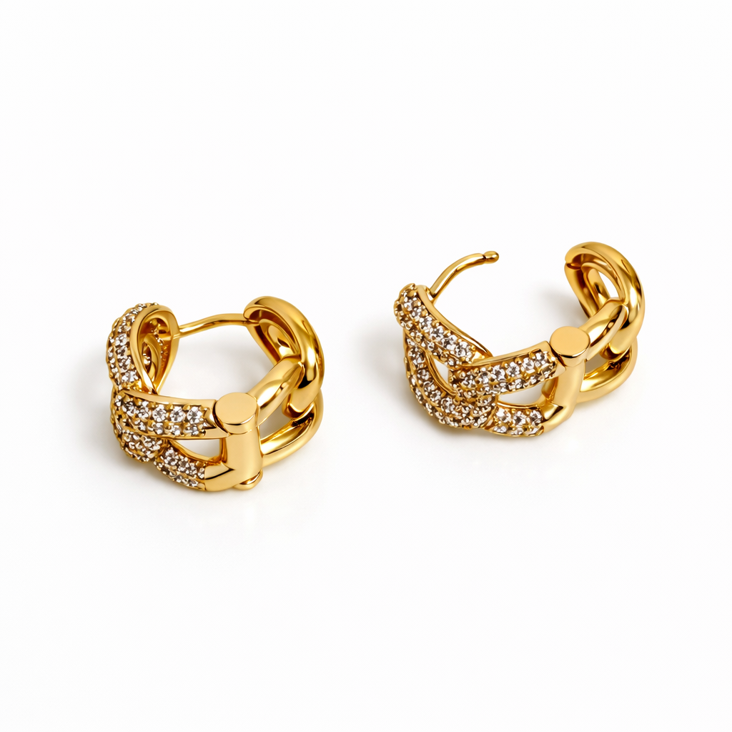 18K Gold Plated CZ Chain Link Hoop Earrings – 1.5 cm