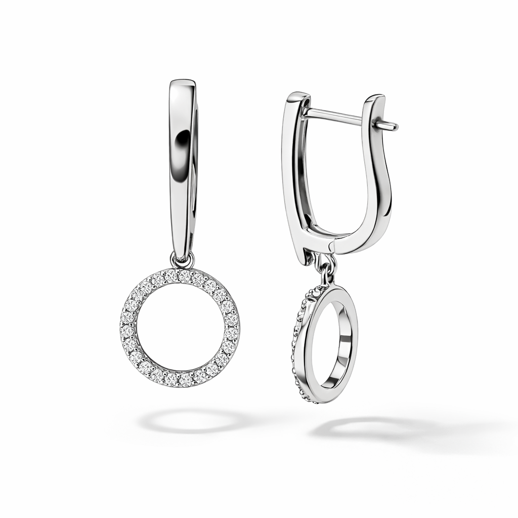 Hoop Drop Earrings with CZ Circle Pendant, Gold or Rhodium Plated, English Lock
