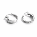 Silver tone huggie hoop earrings with cubic zirconia detail, 1.8 cm height, 5 mm width.