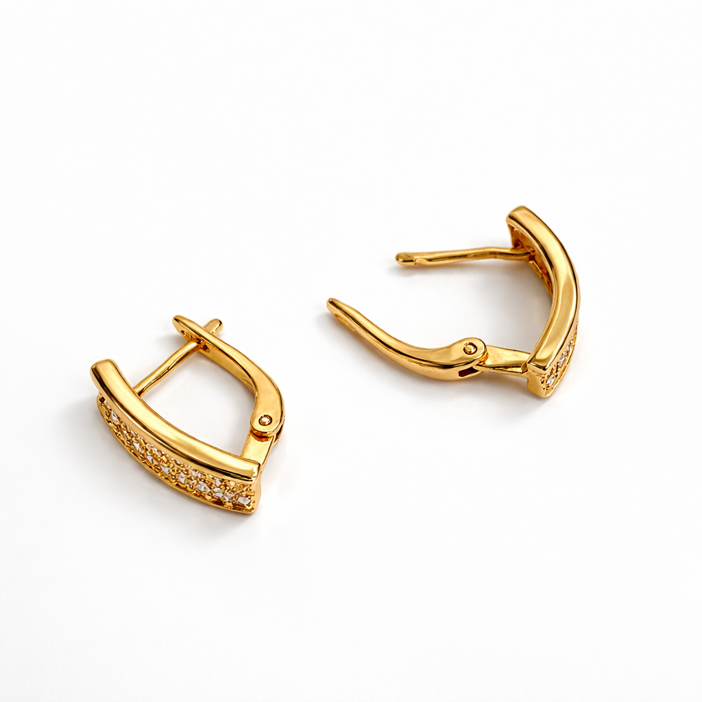 CZ Hoop Earrings with English Lock, 18K Gold Plated