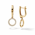 Hoop Drop Earrings with CZ Circle Pendant, Gold or Rhodium Plated, English Lock