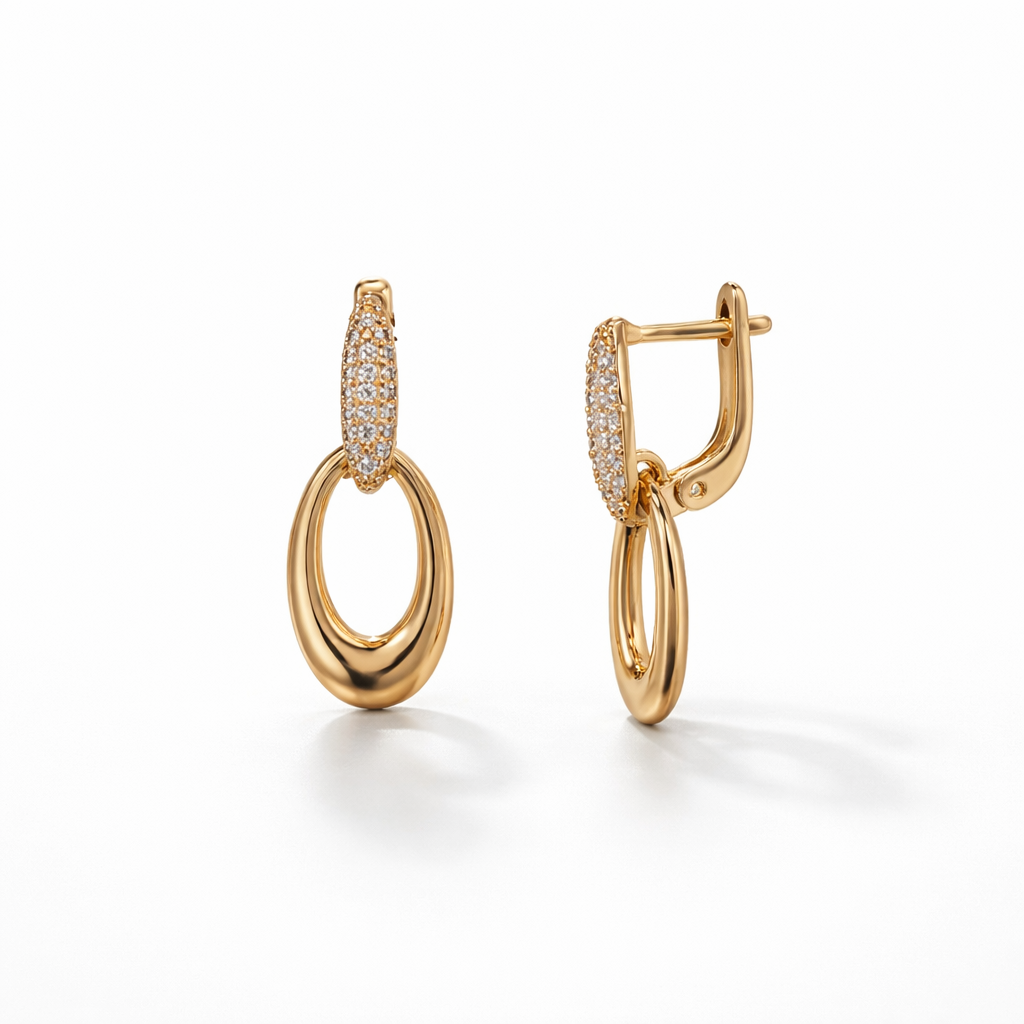 Gold Plated CZ Double Oval Drop Earrings — English Lock