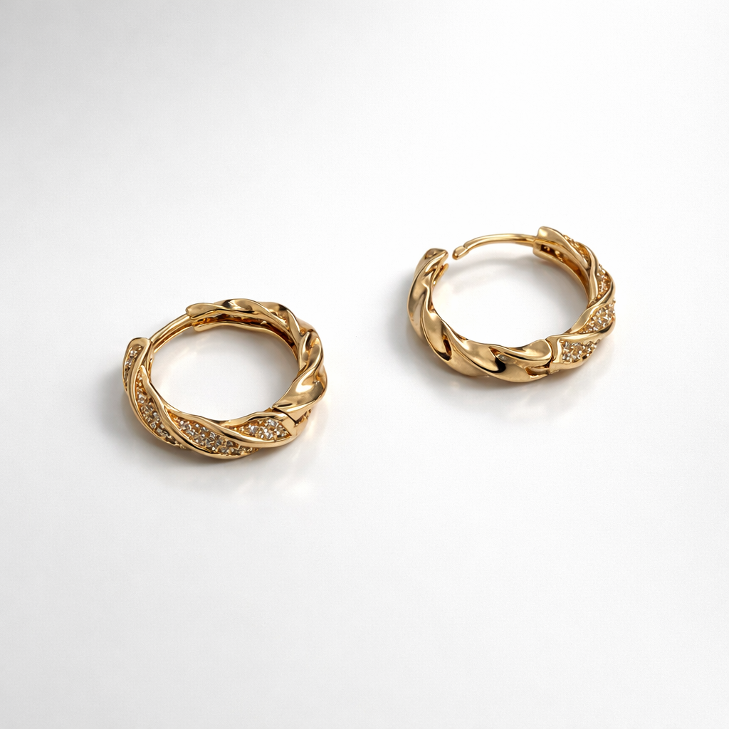 Twisted Huggie Hoop Earrings with CZ, 18K Gold Plated 1.8 cm