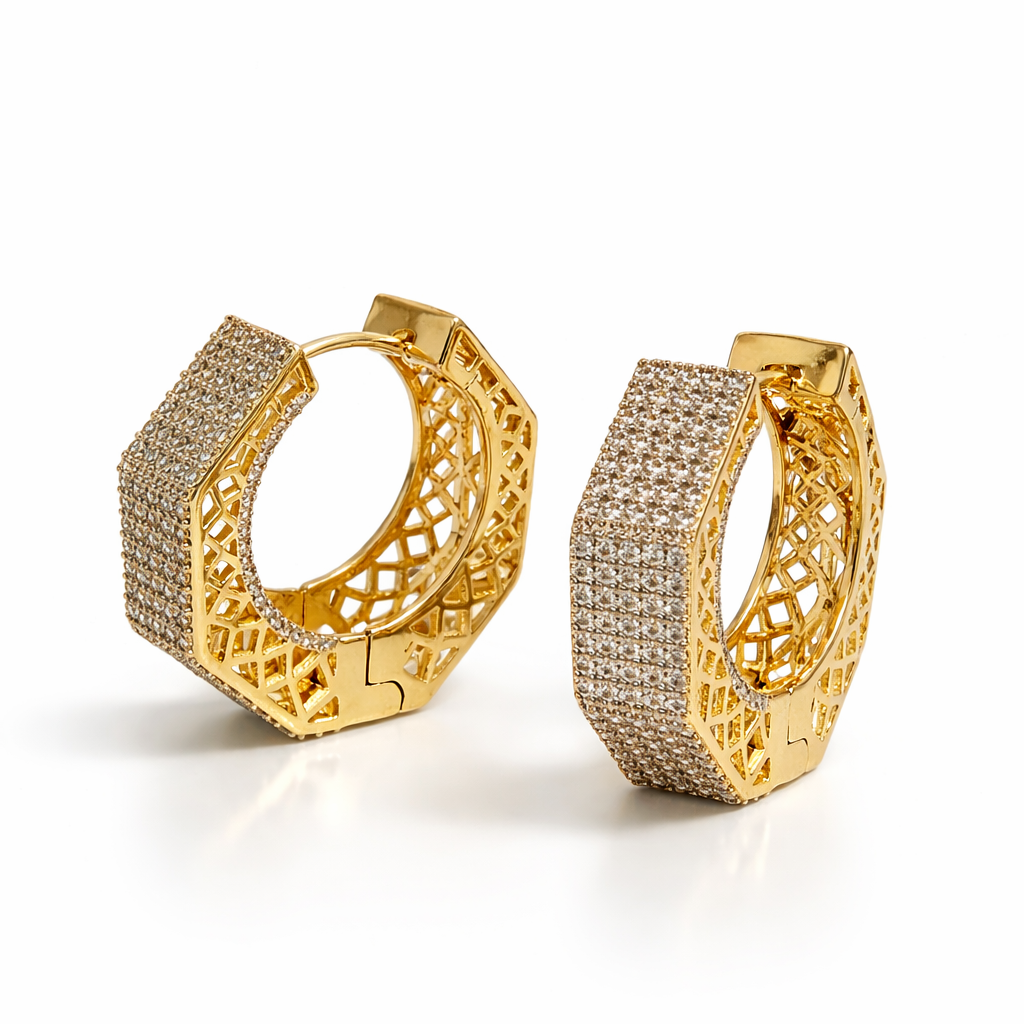 18K Gold Plated CZ Hoop Earrings – Statement Wide Design