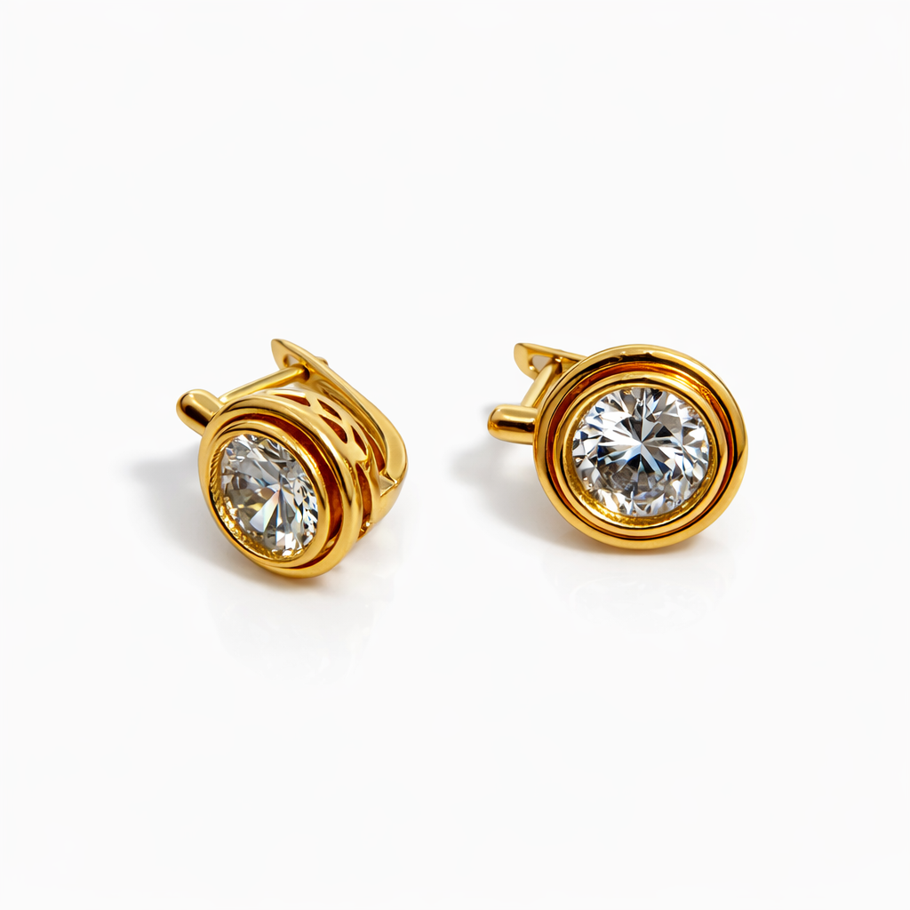 Gold Plated Round CZ Earrings — English Lock