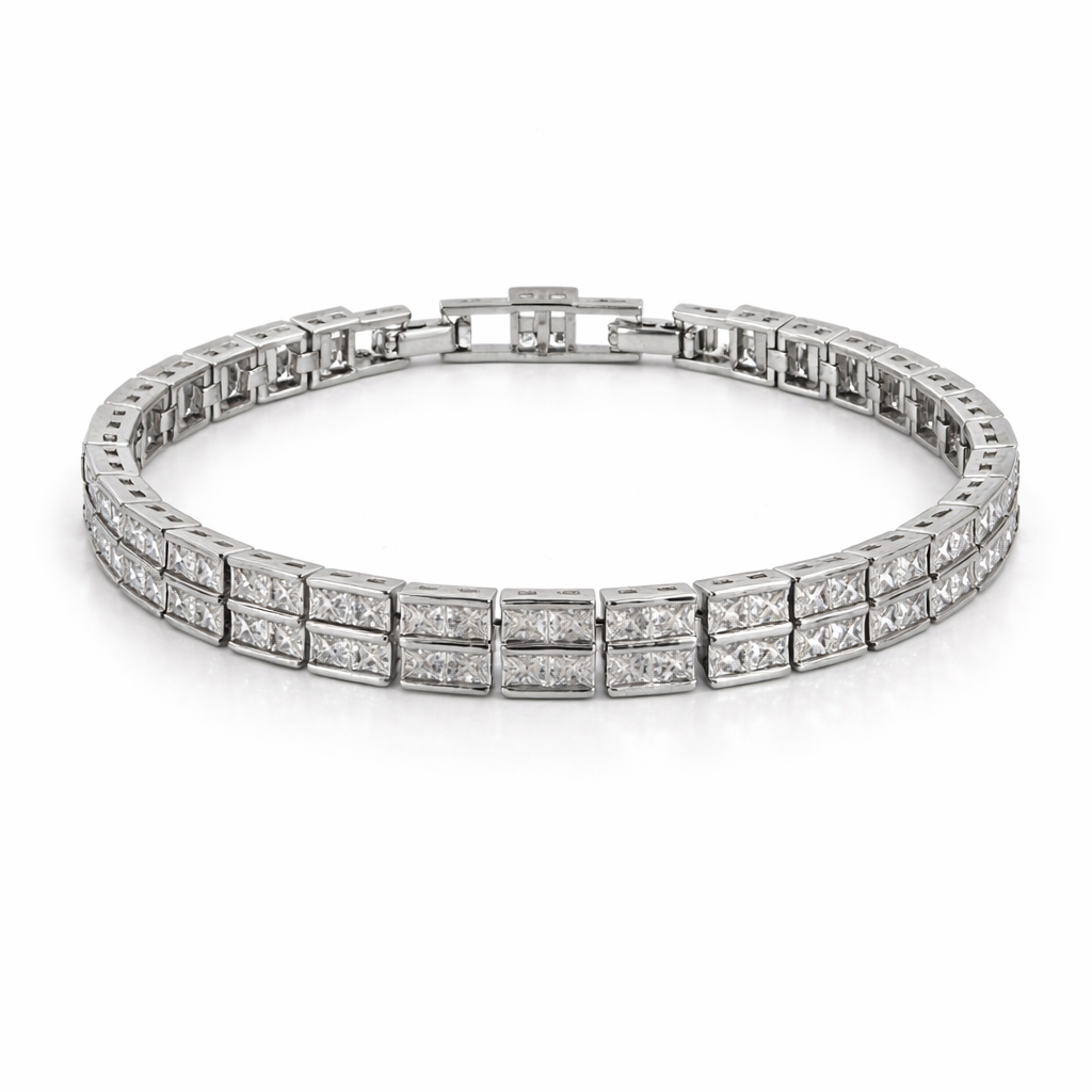 Rhodium Plated Double Row CZ Bracelet – 19 cm