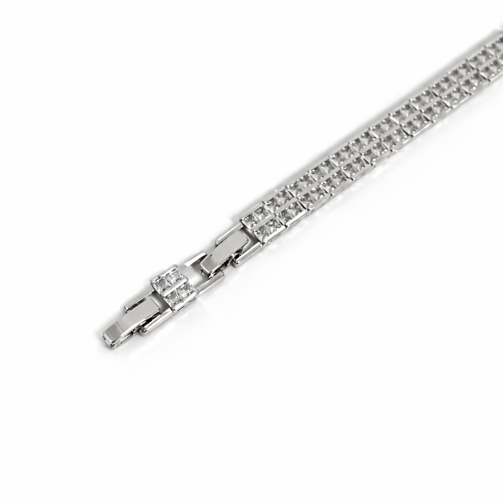 Rhodium Plated Double Row CZ Bracelet – 19 cm