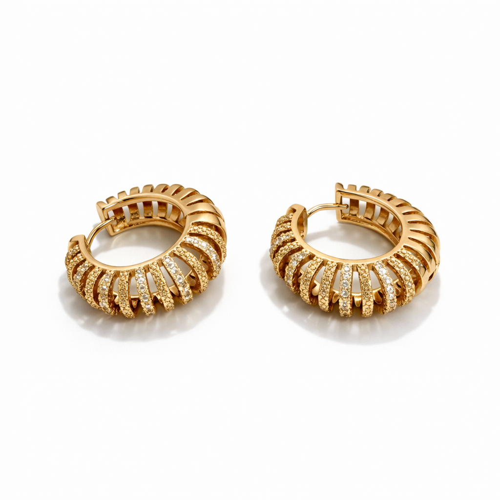 18K Gold Plated Textured Hoop Earrings with CZ
