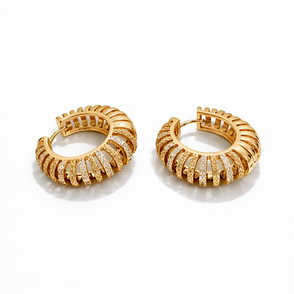 18K Gold Plated Textured Hoop Earrings with CZ
