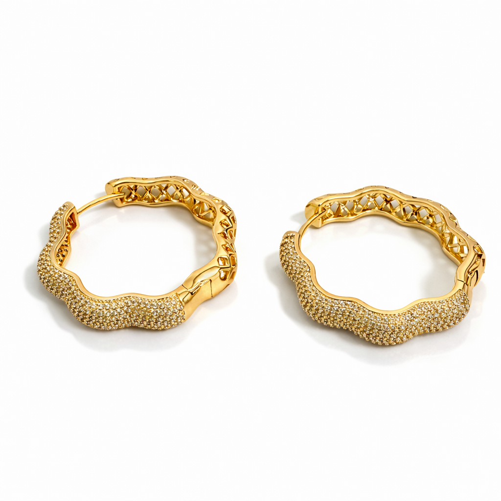 18K Gold Plated Wavy Hoop Earrings with CZ 3cm