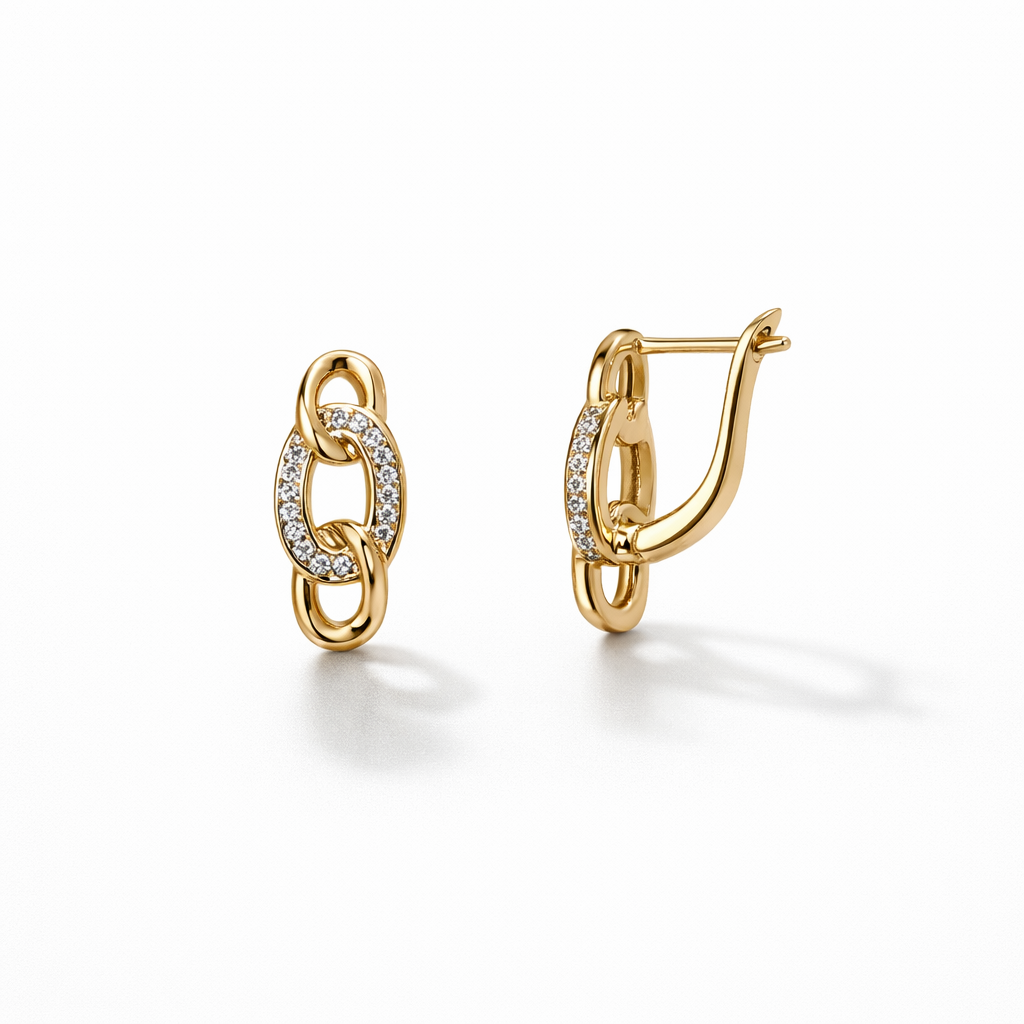 Gold Plated Chain Link CZ Earrings — English Lock