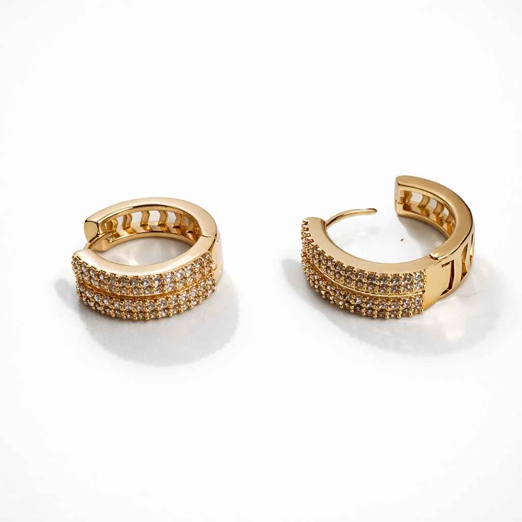 Gold Plated Triple Pavé Huggie Hoop Earrings 1.6 cm