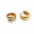 Gold plated huggie hoop earrings with cubic zirconia detail, 1.8 cm diameter, 7 mm thickness.