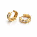 Gold plated huggie hoop earrings with cubic zirconia detail, 1.7 cm diameter, 0.4 cm thickness.