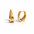 Gold plated textured huggie hoop earrings with faceted surface, 2.3 cm height, 9 mm width.