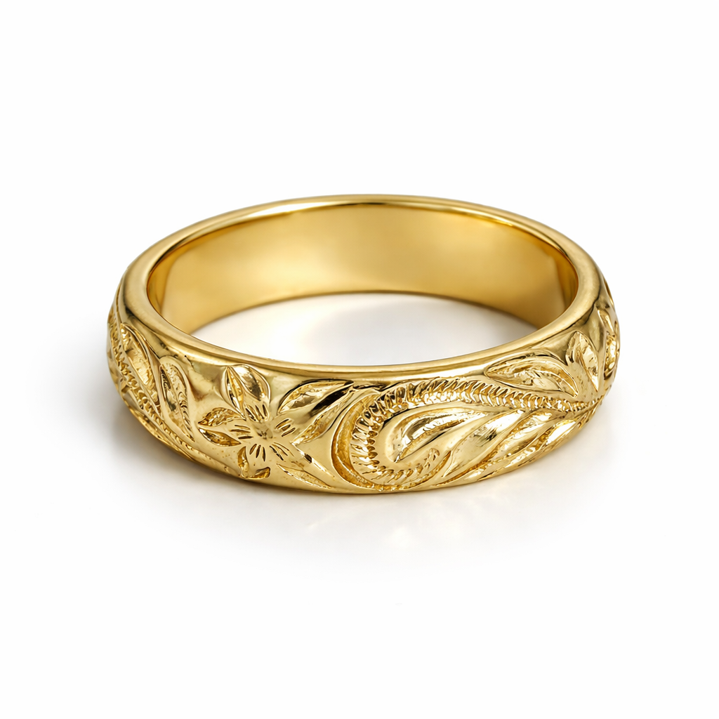 Gold Plated Engraved Floral Band Ring 5 mm