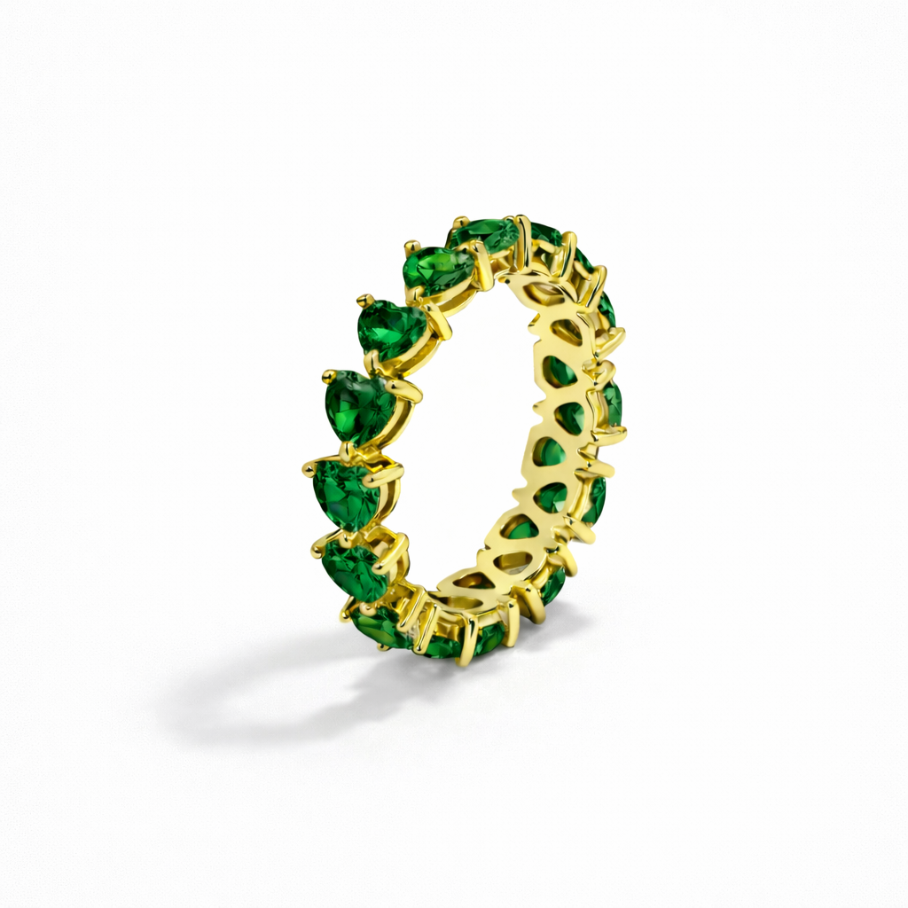 Gold Plated Heart Eternity Ring with CZ Green Stones