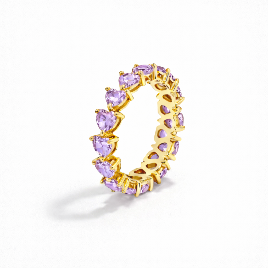 Gold Plated Heart Eternity Ring with CZ Lilac Stones