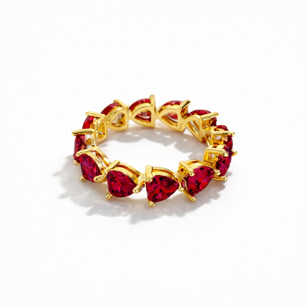 Gold Plated Heart Eternity Ring with CZ Red Stones