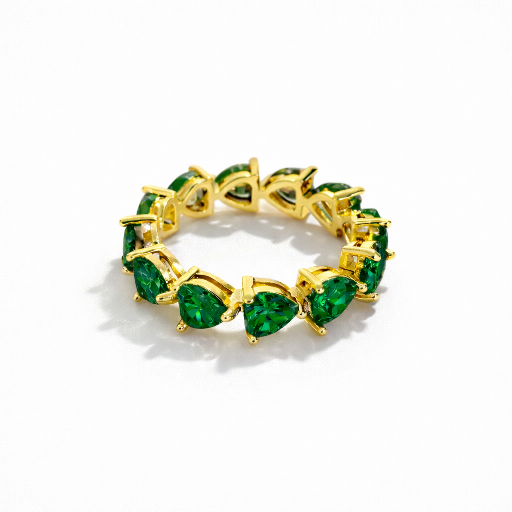 Gold Plated Heart Eternity Ring with CZ Green Stones