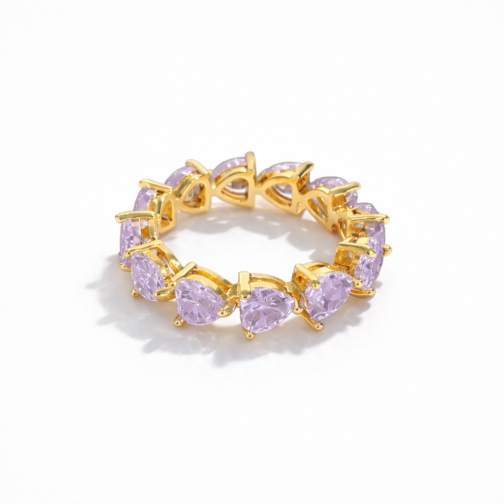 Gold Plated Heart Eternity Ring with CZ Lilac Stones